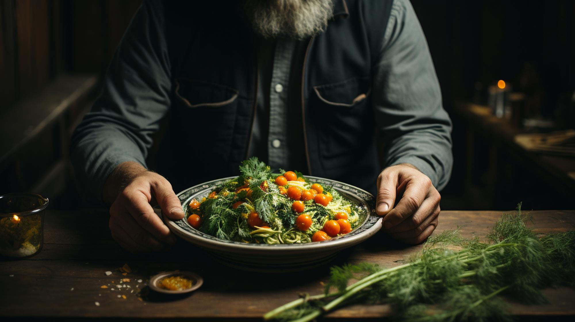 Chef plating a composed seasonal dish on a wooden table